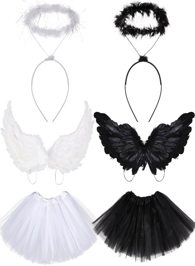 Tisancy 6 Pcs Halloween Angel Costume Set Feather Wings Wreath Headband Set 3 Layered Tulle Tutu Skirt Black and White Angel Costume for Girls Kids Halloween Xmas Cosplay Party Accessory - Image 1